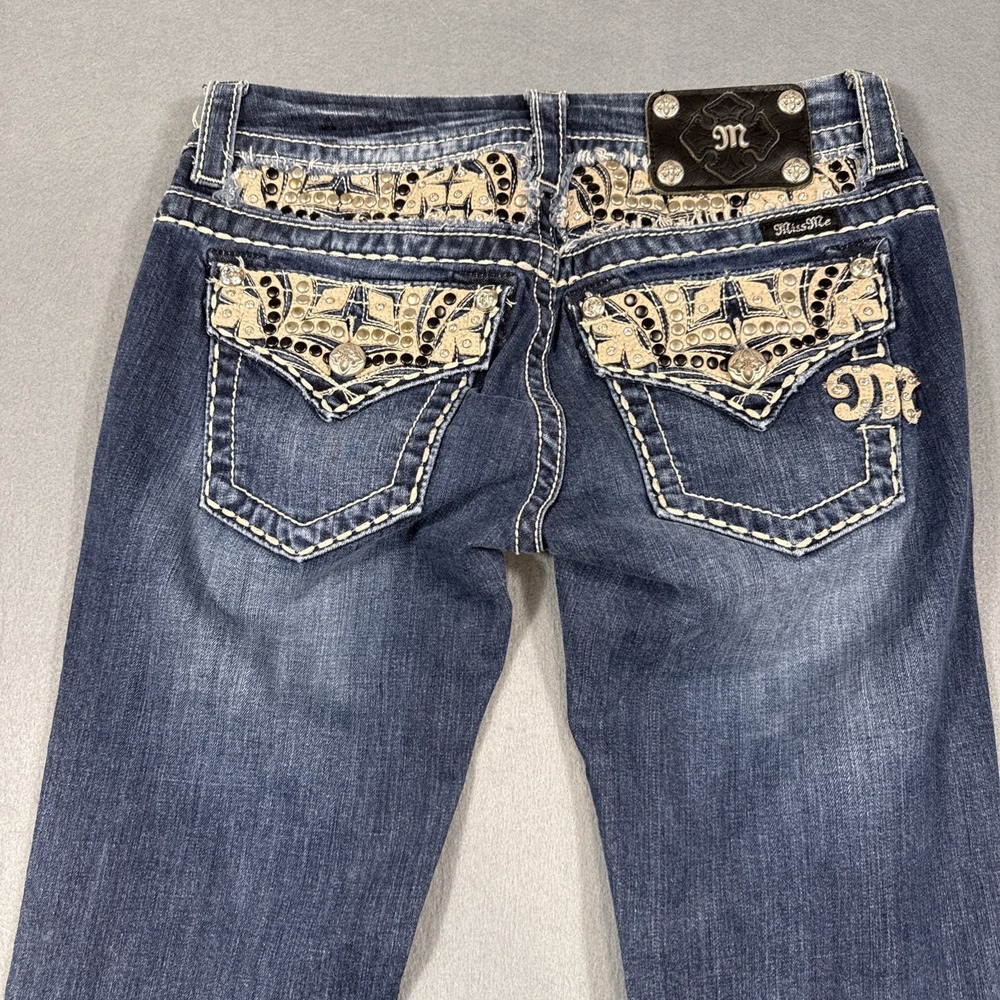 Women's 26/33 Miss Me Jeans BOOT FAUX LEATHER STUDDED WHISKERING RHINESTONES